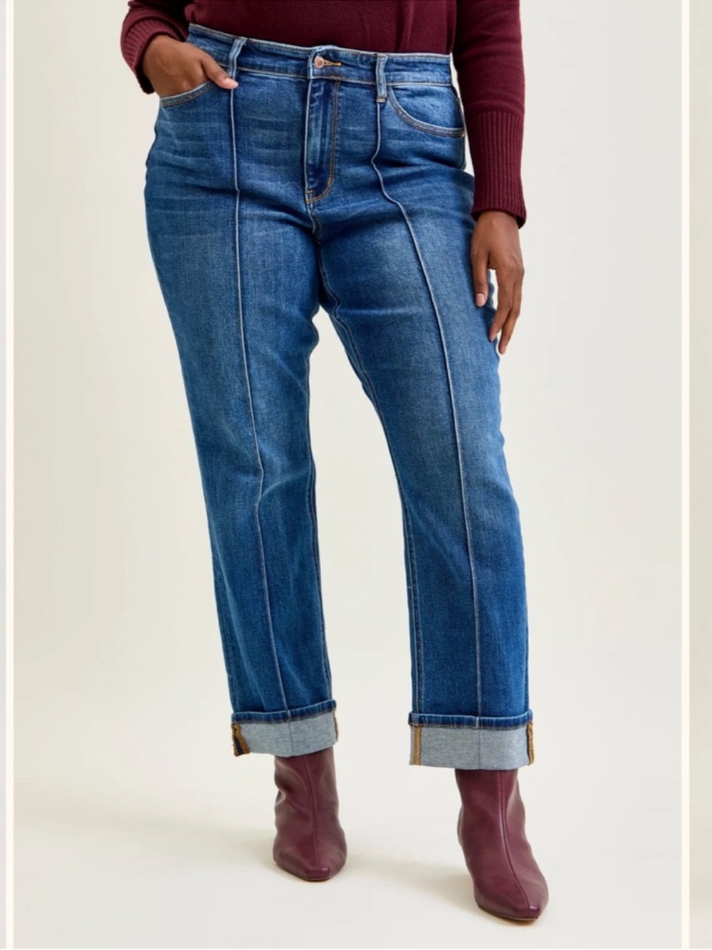 Judy Blue Kimberly Front Seam Detail & Cuffed Straight Fit Jeans
